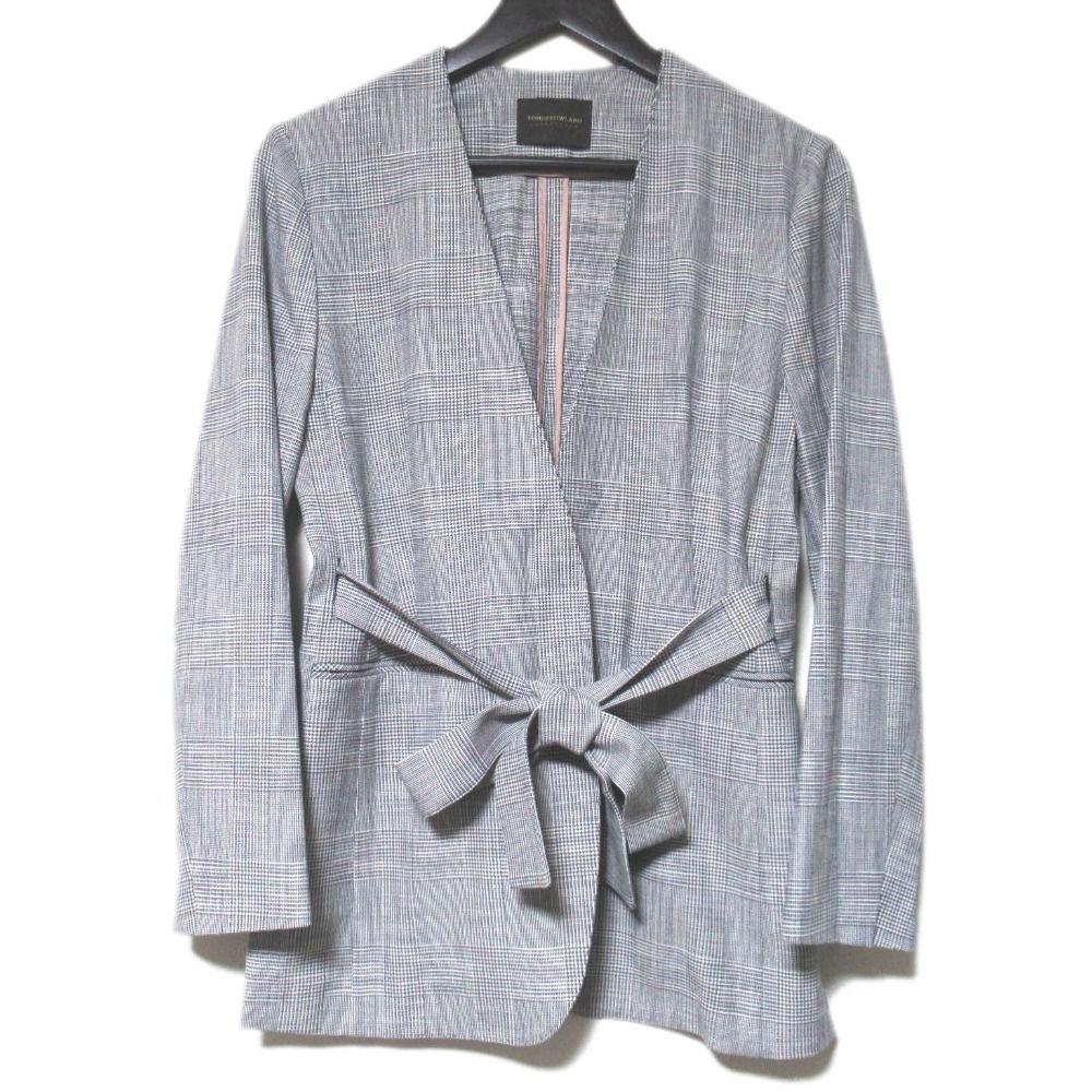 24SS TOMORROWLAND トゥモローランド グレンチェック柄 ベルテッドジャケット スラックス パンツ セットアップ 34 レディース 古着