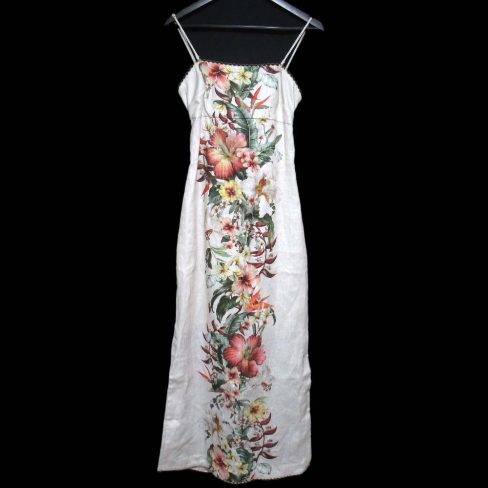 ZIMMERMANN ジマーマン フラワープリント バックリボン リネン ロング キャミソール ワンピース サイズ1 オフホワイト レディース 古着