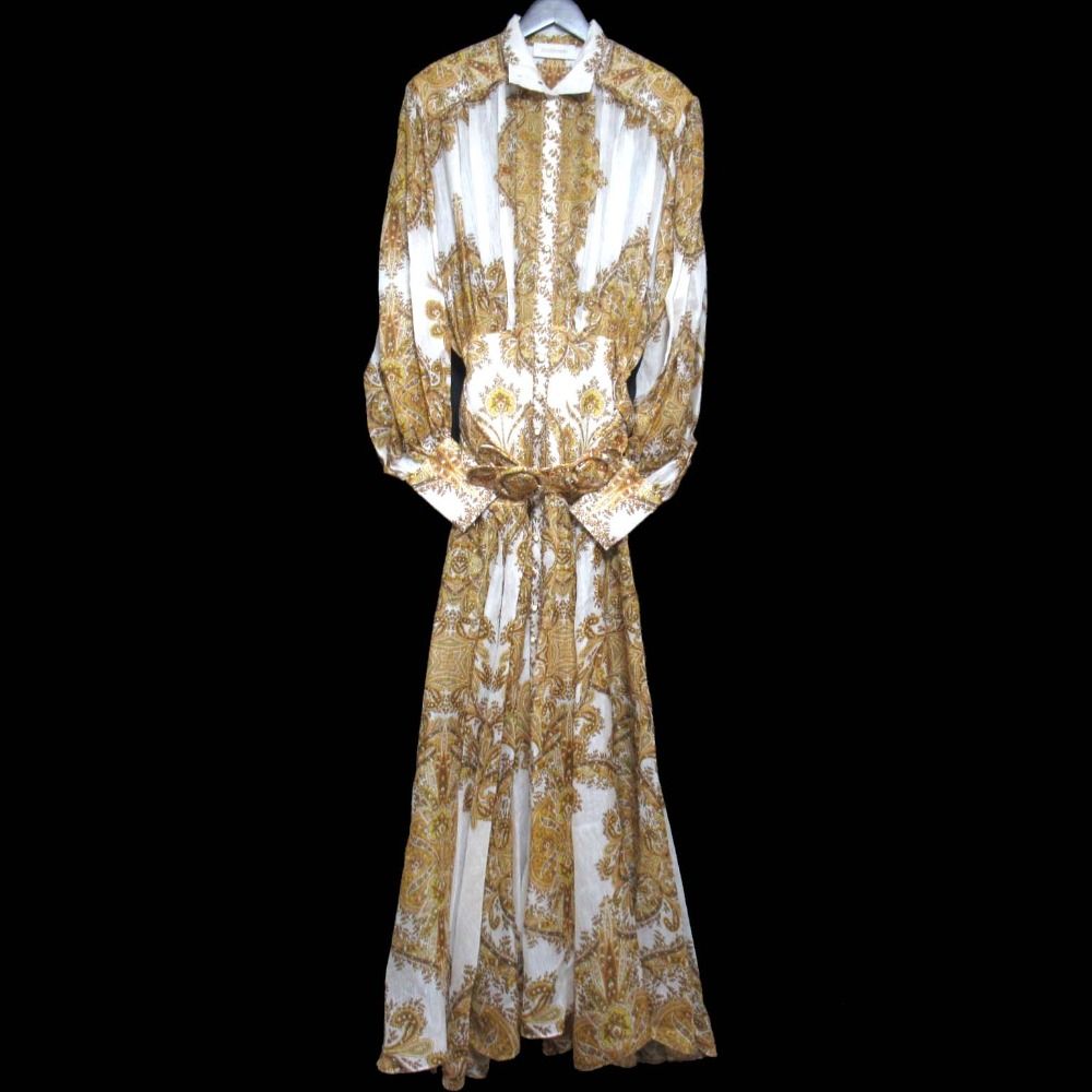 ZIMMERMANN ジマーマン ペイズリー柄 マキシ丈 ベルテッドシャツワンピース サイズ1 アイボリー系 レディース 古着