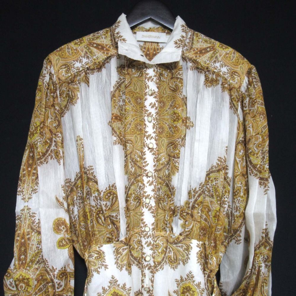  ジマーマン ペイズリー柄 マキシ丈 ベルテッドシャツワンピース サイズ1 アイボリー系 レディース 古着 長袖 七分袖 その他