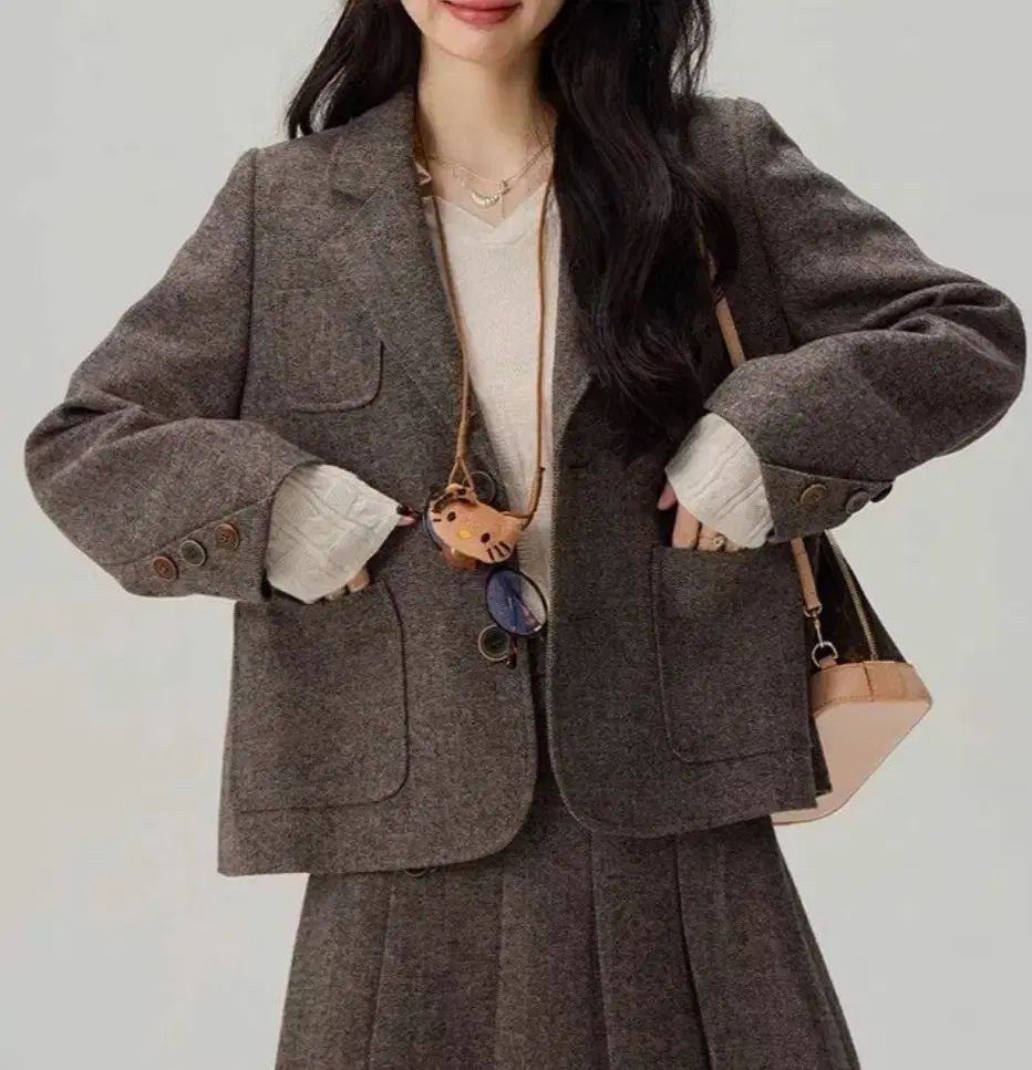 海外配送 ウール ジャケット プリーツ スカート セットアップ