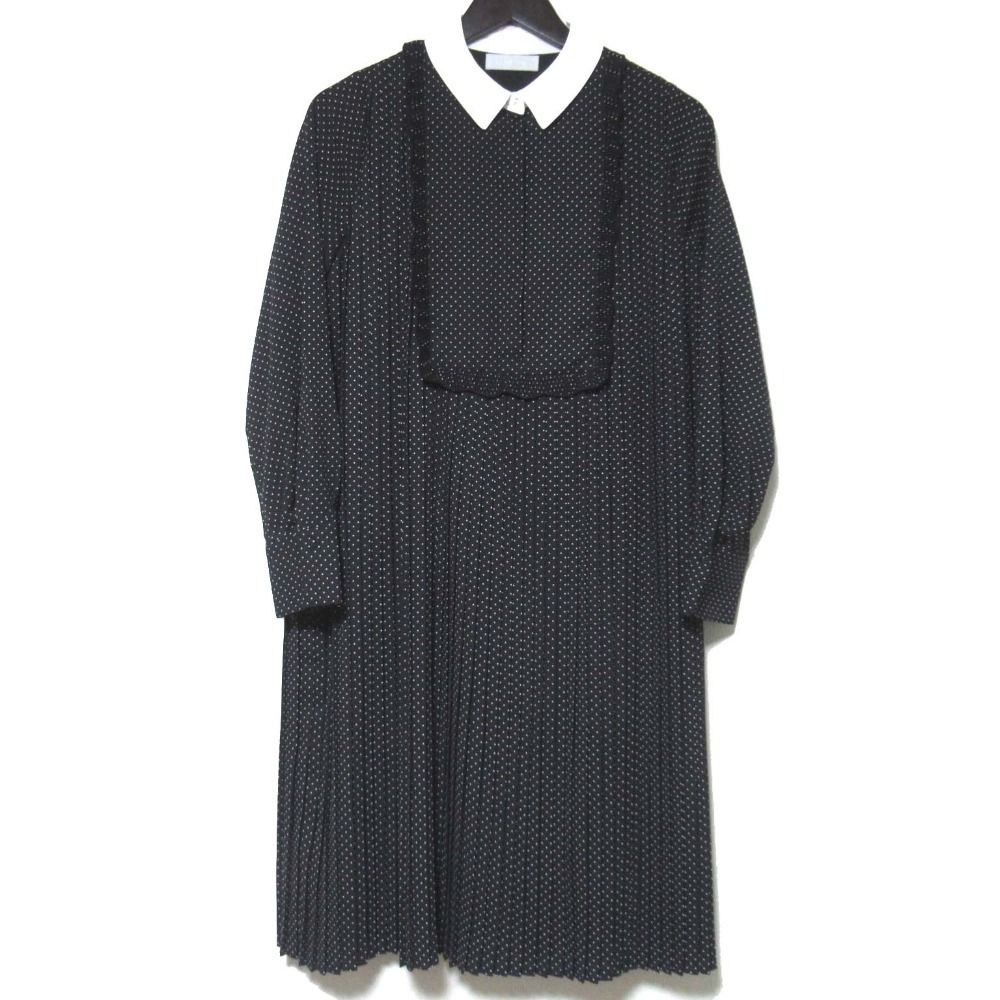 CELFORD セルフォード ピンドット柄 ひざ丈 プリーツ ワンピース サイズ36 ブラック×ホワイト レディース 古着