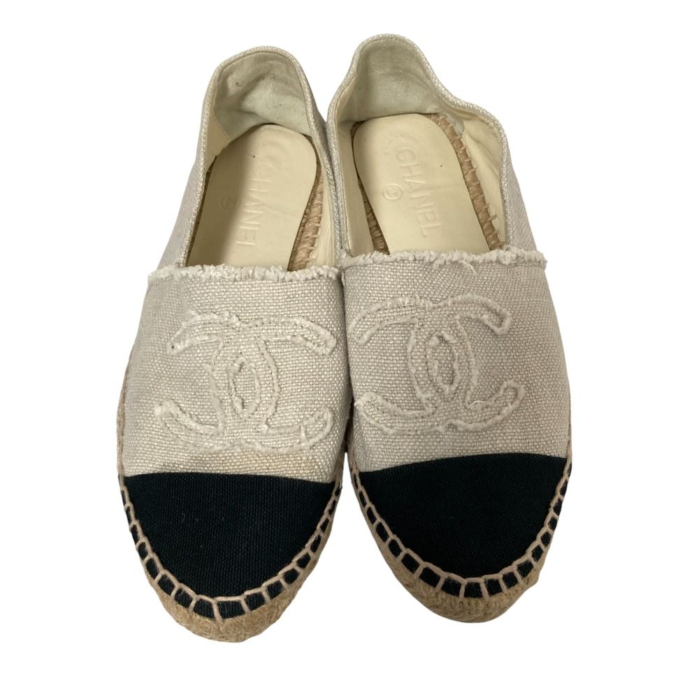 CHANEL シャネル ココマーク エスパドリーユ スリッポンシューズ 23.5 cm相当 オフホワイト ブラック レディース 古着