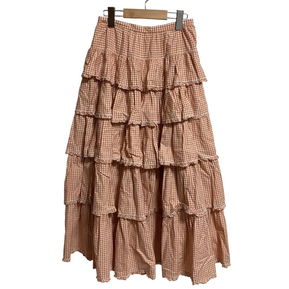 WONDERFUL WORLD ワンダフルワールド ギンガムチェック ピコフリルティアード ロングスカート オレンジ レディース 古着