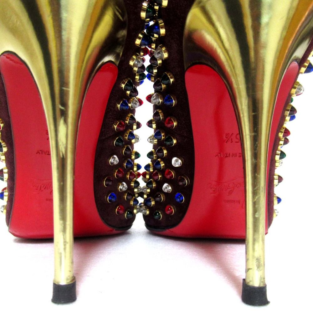  Christian Louboutin クリスチャンルブタン ストーンスタッズ ポインテッドトゥ パンプス サイズ35.5 約22.5 cm バーガンディ レディース 古着 ハイヒール パンプス パンプス