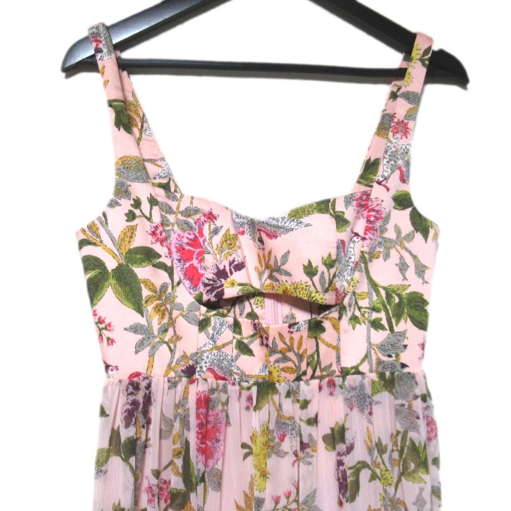  5 a 7 cinq sept サンクアセプト フラワープリント フリル ノースリーブ マキシ丈 ワンピース サイズ2 ピンク レディース 古着 ノースリーブ その他