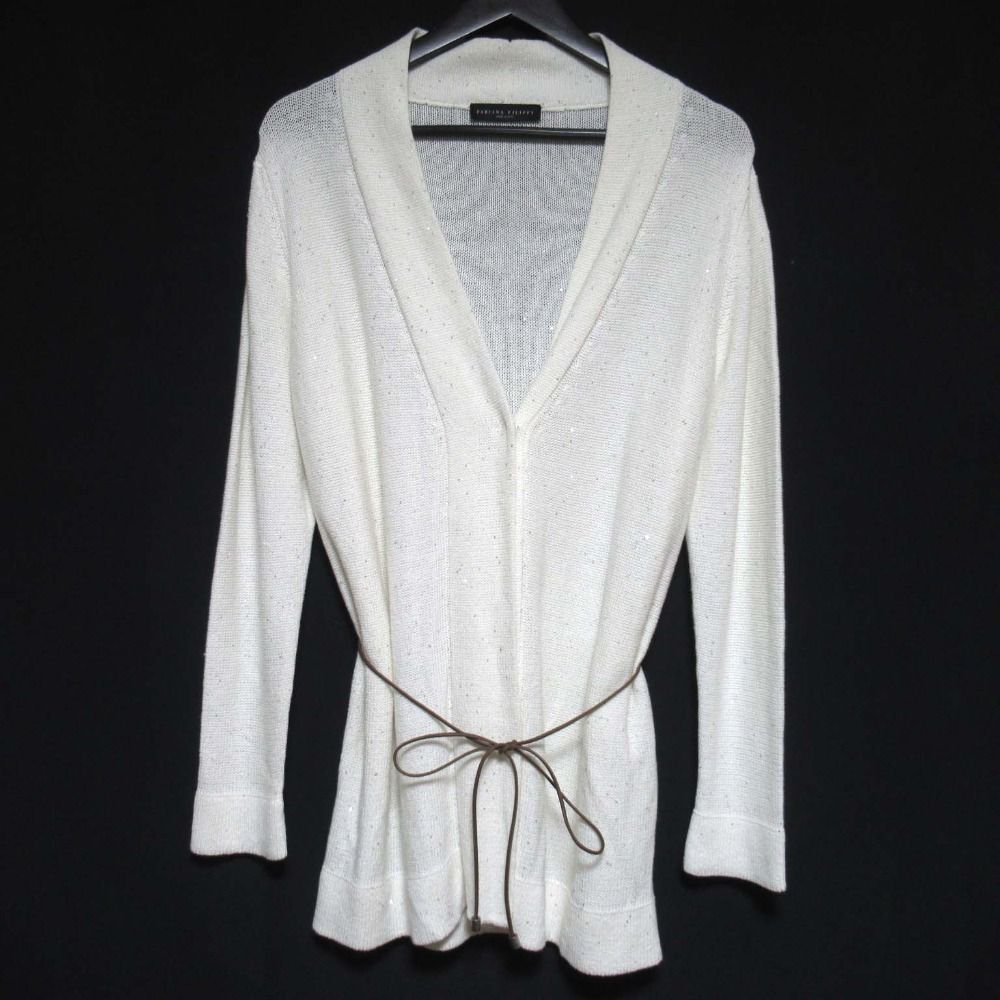 FABIANA FILIPPI ファビアナフィリッピ リネンブレンド 紐ベルト スパンコール ニットカーディガン Sサイズ ホワイト レディース 古着