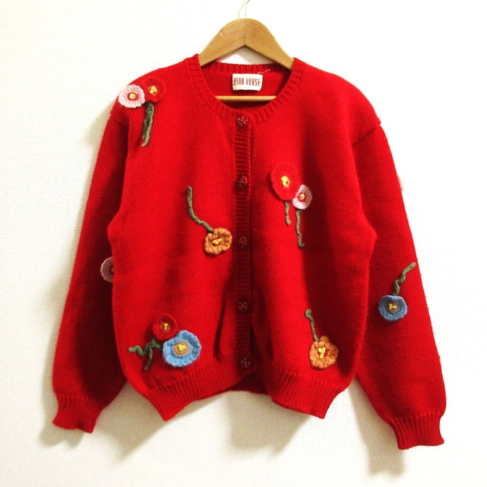 PINK HOUSE ピンクハウス ヴィンテージ フラワー刺繍 ニットカーディガン レッド レディース 古着