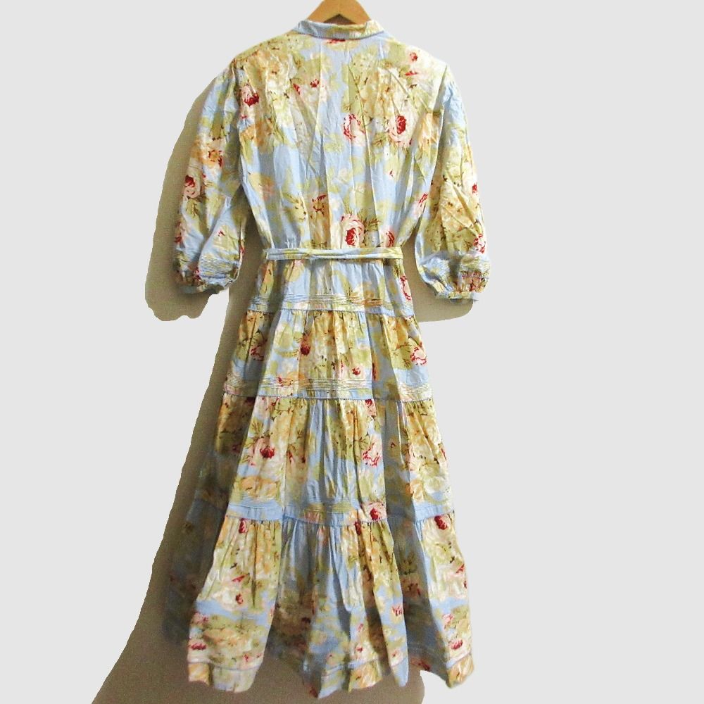 INGEBORG インゲボルグ フラワープリント ベルテッド ロングワンピース ブルー レディース 古着