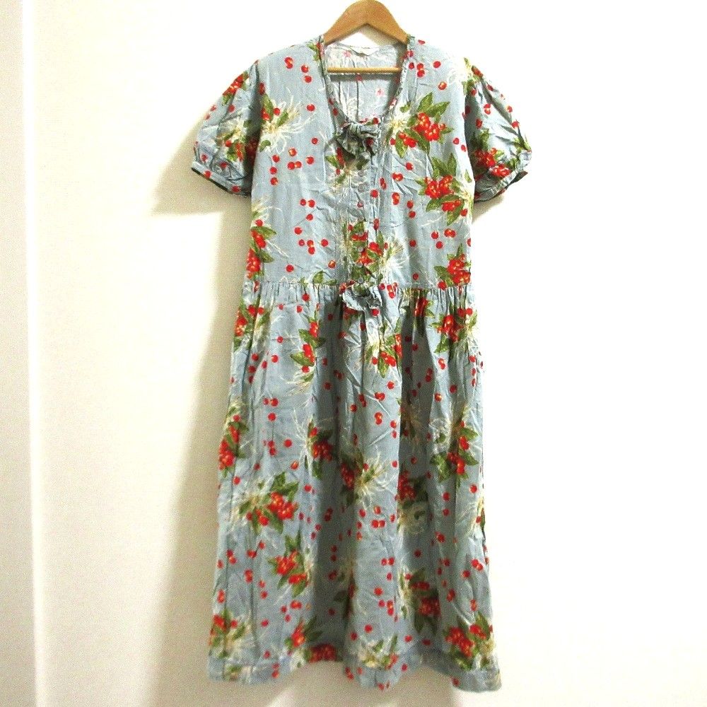 PINK HOUSE ピンクハウス チェリー柄 リボンワンピース グリーン レディース 古着