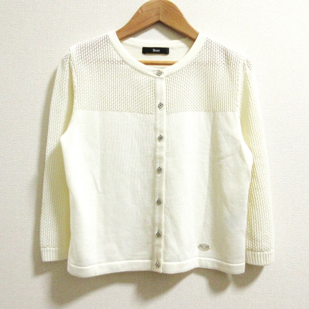 24AW Rene ルネ ビジューボタン クルーネックカーディガン 5432030 サイズ34 ホワイト レディース 古着
