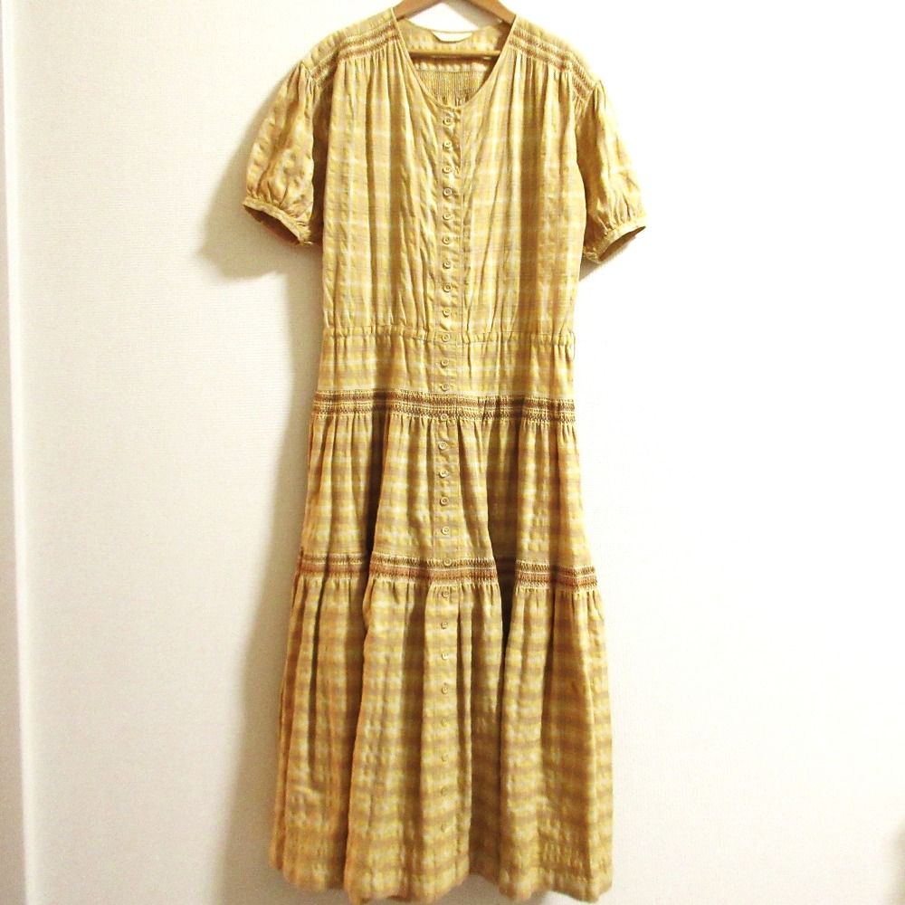 PINK HOUSE ピンクハウス チェック レース ロングワンピース イエロー レディース 古着