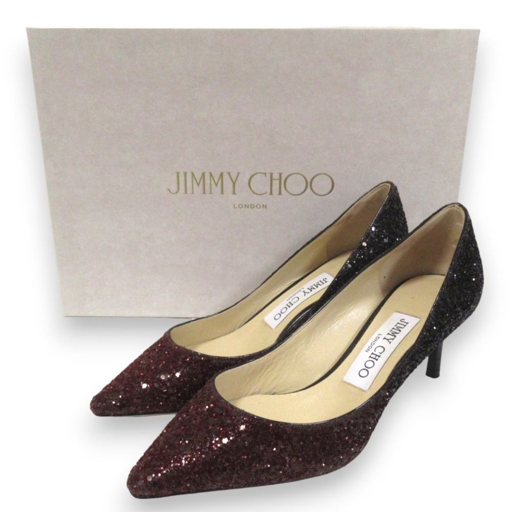JIMMY CHOO ジミーチュウ Romy 60 グリッターグラデーション ポインテッドトゥ パンプス 34 5 約21 cm ボルドー ブラック レディース 古着