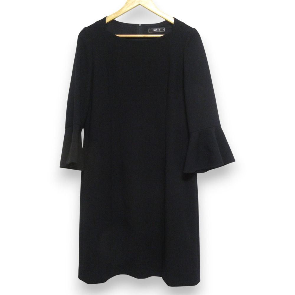FOXEY フォクシー ウール フ スリーブ ミモレ丈ドレスワンピース 40925 サイズ42 ブラック レディース 古着