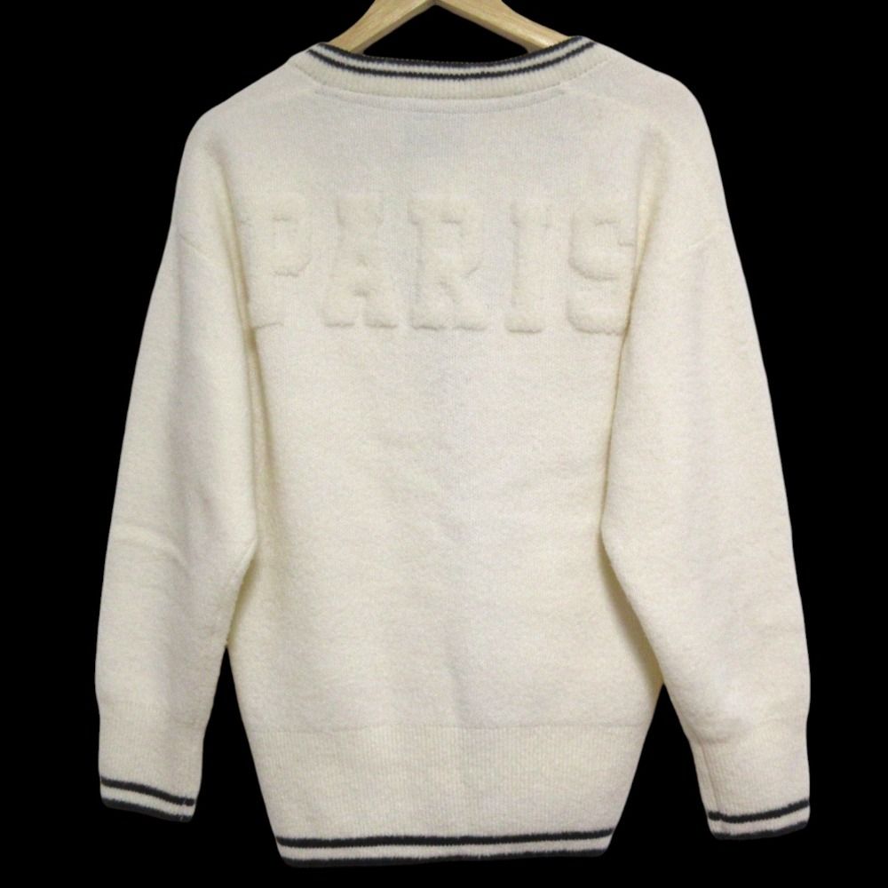 24AＷ VERMEIL par iena ヴェルメイユパーイエナ ウールブレンド パイルロゴ カレッジカーディガン ホワイト アイボリー レディース 古着