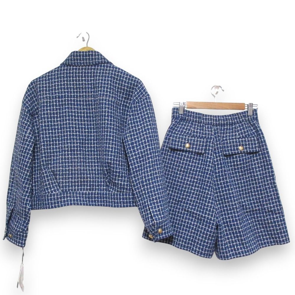 25SS Diagram ダイアグラム チェック ツイード ブルゾン ショートパンツ セットアップ サイズ38 ブルー ホワイト レディース 古着