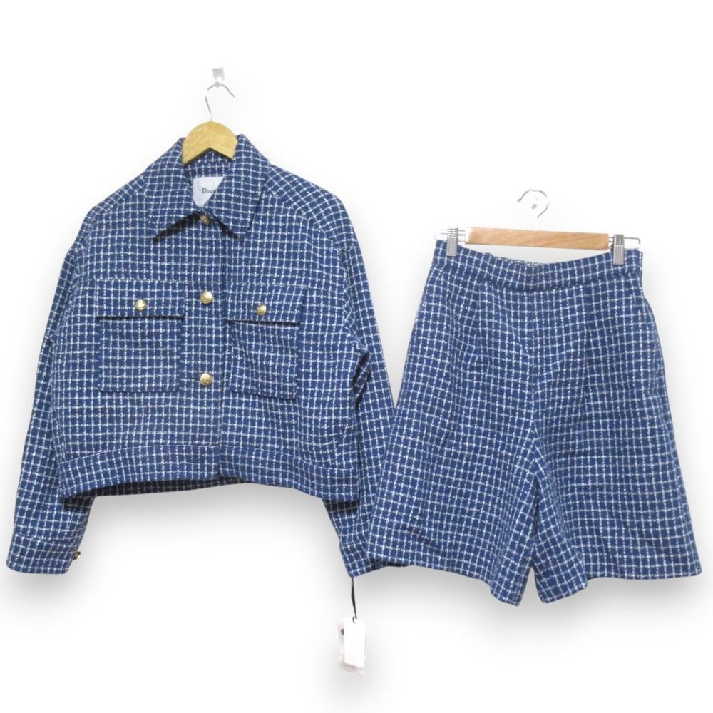 25SS Diagram ダイアグラム チェック ツイード ブルゾン ショートパンツ セットアップ サイズ38 ブルー ホワイト レディース 古着