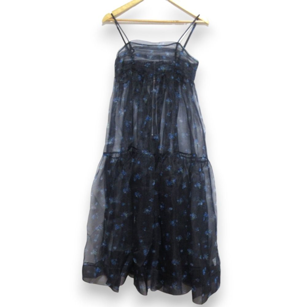 POPPY ポピー フラワーパターン オーガンジー キャミドレス ロングワンピース Mサイズ ネイビー レディース 古着