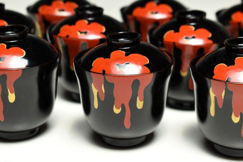 蔵C9508a3 木製漆器 黒塗蒔絵 小吸物椀 箸洗 十客