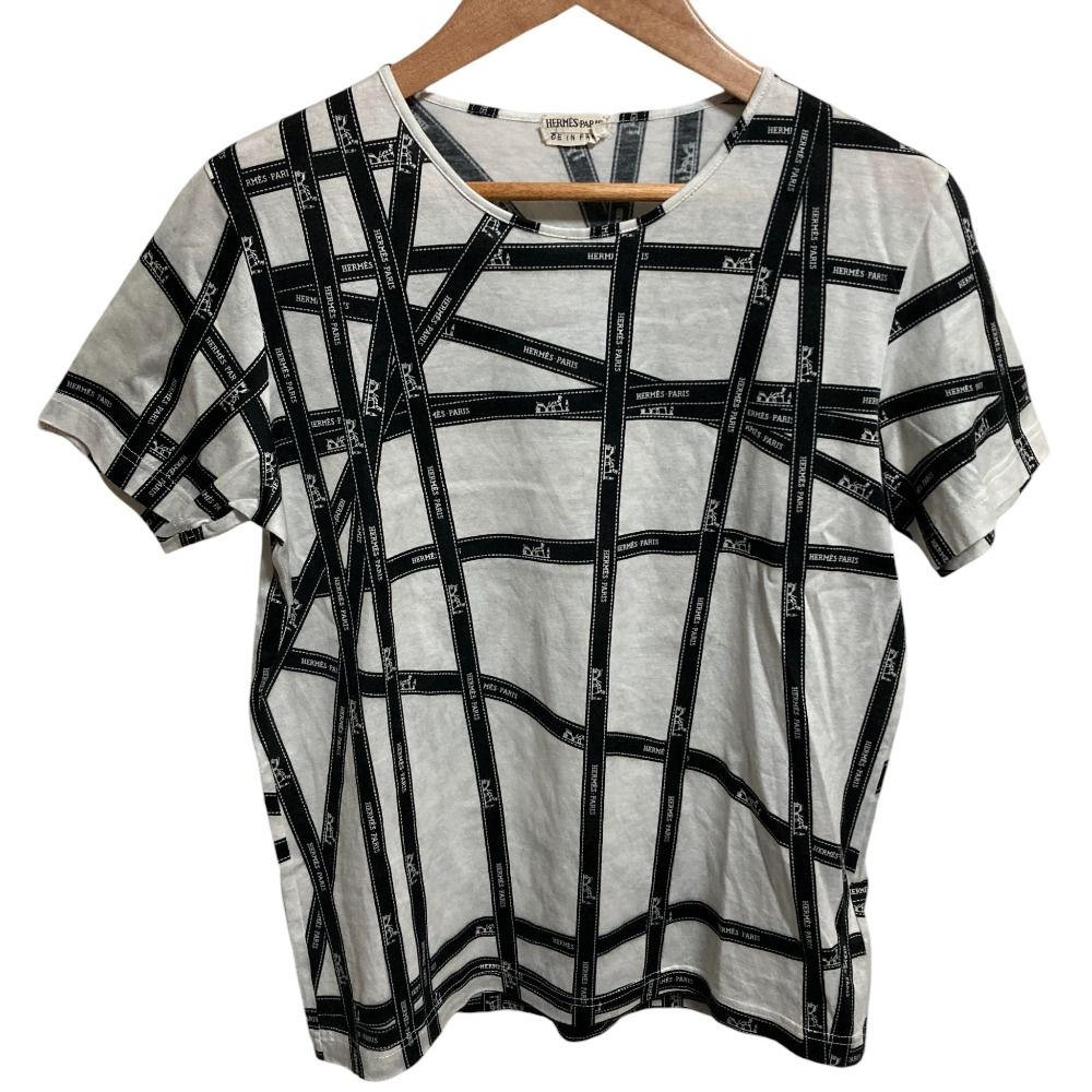 HERMES エルメス マルジェラ期 ボルデュック リボンプリント 半袖 カットソー Tシャツ XSサイズ ブラック ホワイト レディース 古着