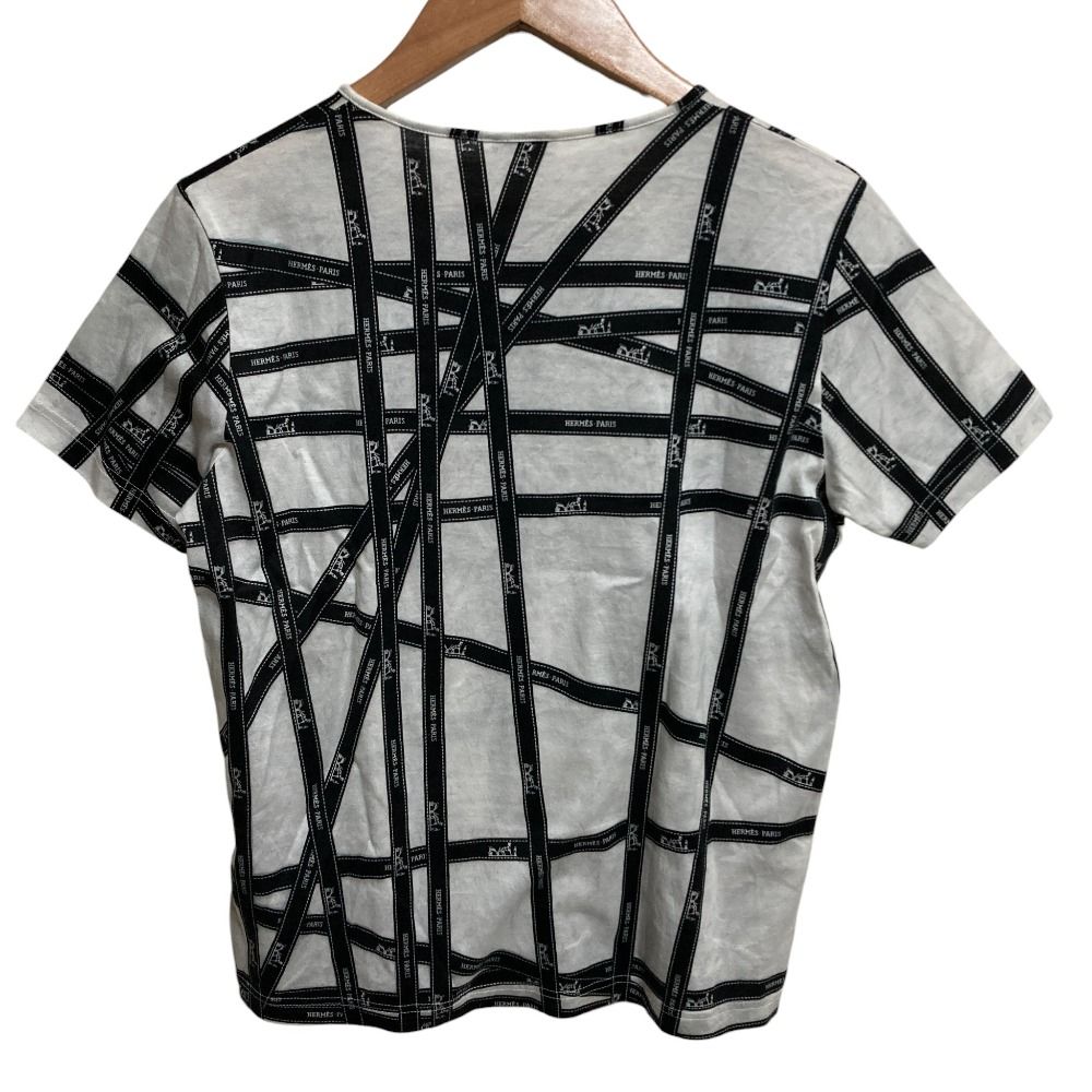 HERMES エルメス マルジェラ期 ボルデュック リボンプリント 半袖 カットソー Tシャツ XSサイズ ブラック ホワイト レディース 古着