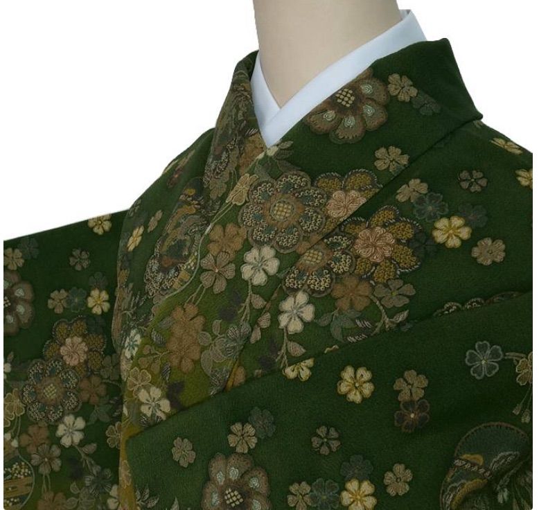 訪問着 友禅染め 縮緬 金茶深緑 身丈149cm 裄62cm パーティー 舞台 着物 接待 芸子 粋リサイクル着物 絹 訳あり 繰越大きい