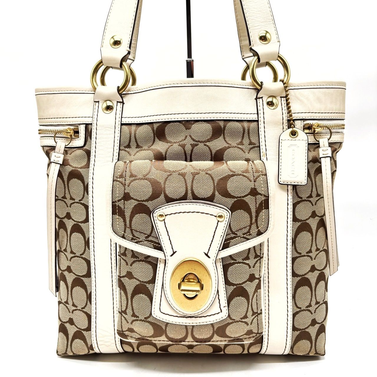 良品 COACH トートバッグ キャンバス ベージュ シグネチャー 肩掛け
