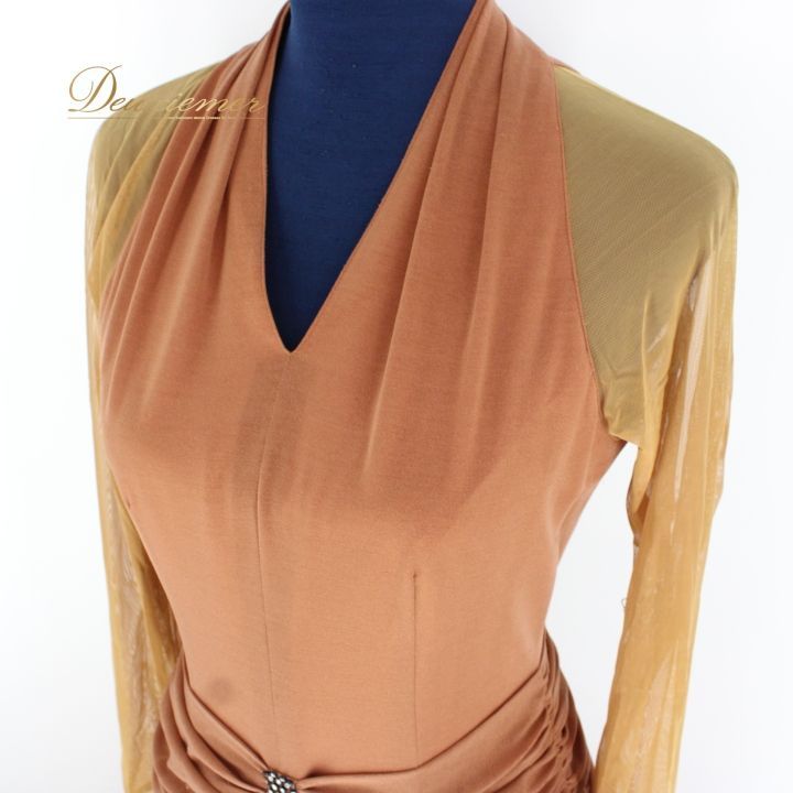 社交ダンス 衣装 ドレス ワンピース レッスンウェア パーティ衣装 女性用 オールシーズン ブラウン系 Fantasy ファンタジー 茶色 レース ラインストーン 落ち着き ライトブラウン 体型カバー スイングダンス 講習用 結婚式 発表会