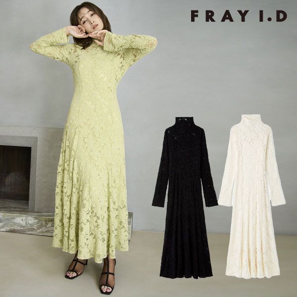 10 OFF フレイアイディー FRAY I D ワンピース 25秋冬 フラワーストレッチレースワンピース 長袖 ロング丈 fwfo 255074