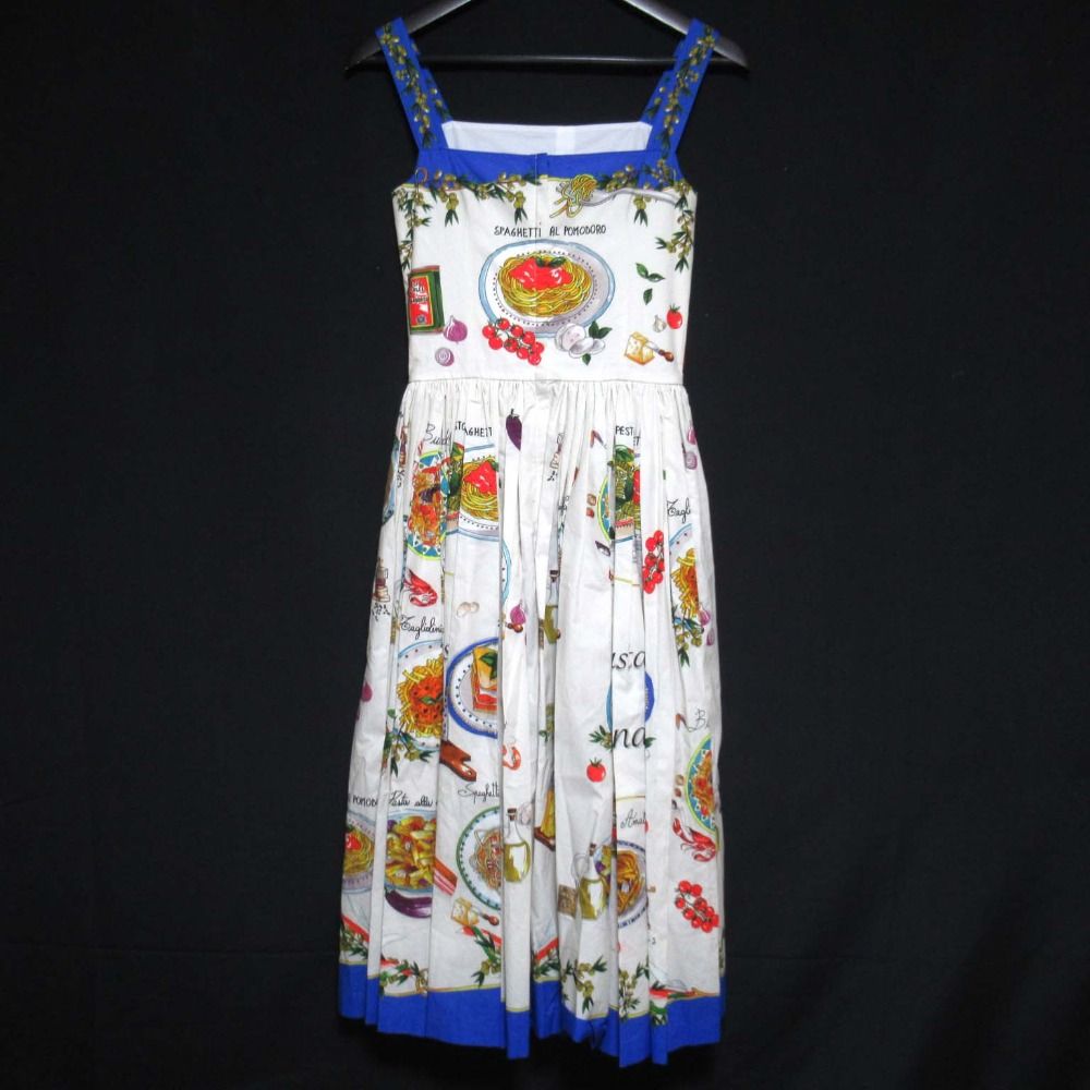 DOLCE-GABBANA ドルチェ-ガッバーナ パスタ柄 フロントボタン ノースリーブ ワンピース サイズ36 ホワイト レディース 古着