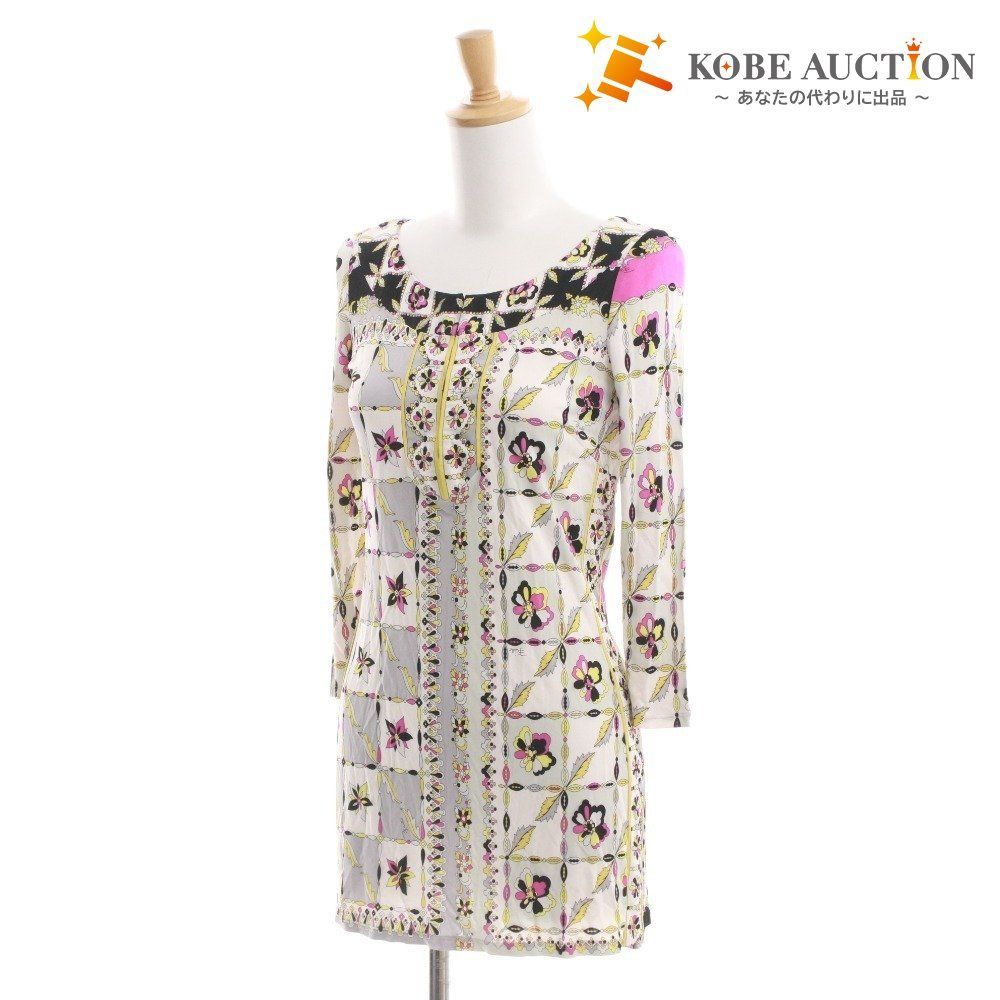 EMILIO PUCCI カットソー ミニワンピース 長袖 トップス 前カン 総柄 イタリア製 レディース 実寸 XS相当 マルチ ホワイト 等