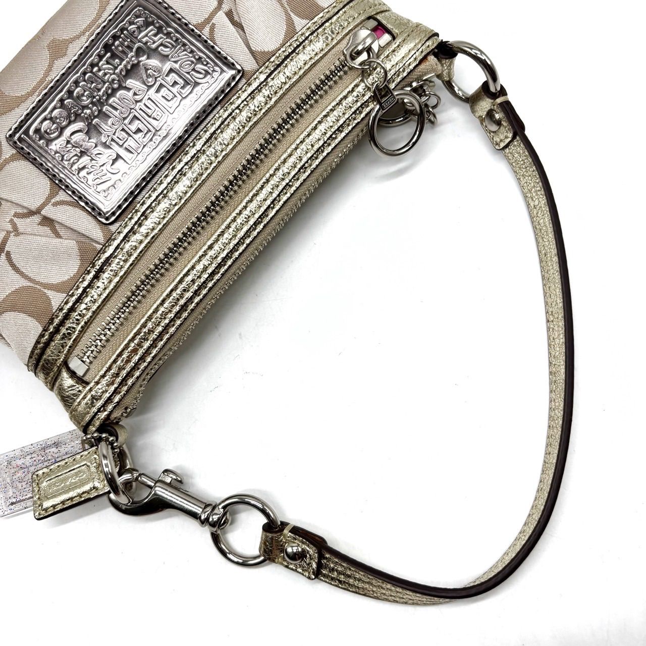 良品】 coach コーチ poppy シグネチャー ベージュ シルバー 