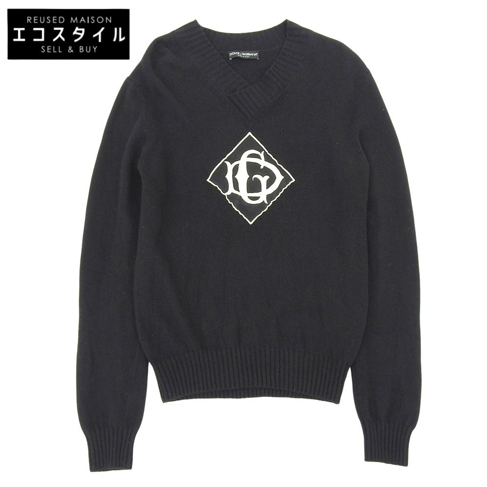DOLCE-GABBANA ドルチェアンドガッバーナ ヴァージンウール DGロゴ Vネック プルオーバー ニット ブラック×ホワイト GX783Z JAVRI 50