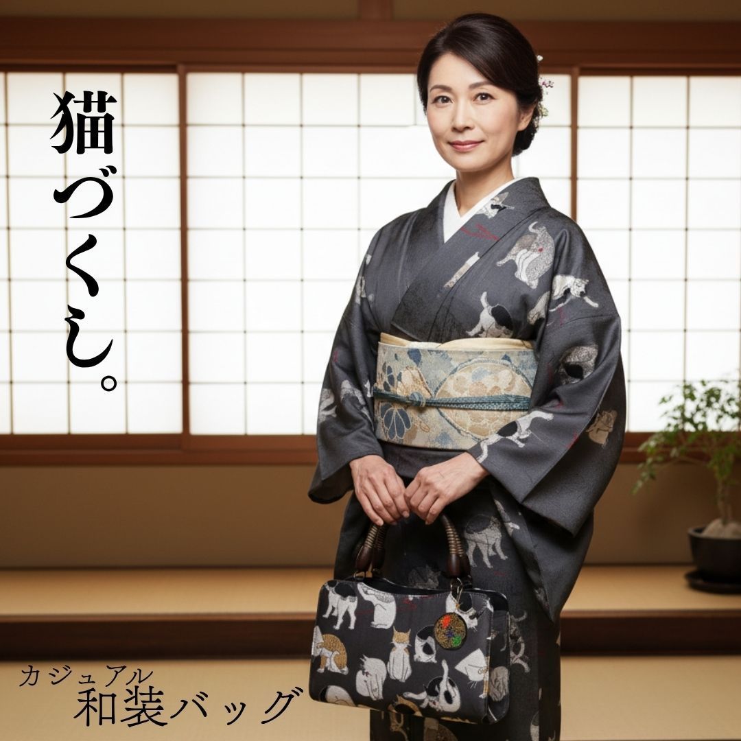 華三彩 和装バッグ 猫柄 お稽古 街歩きに 小紋 紬などカジュアル着物に