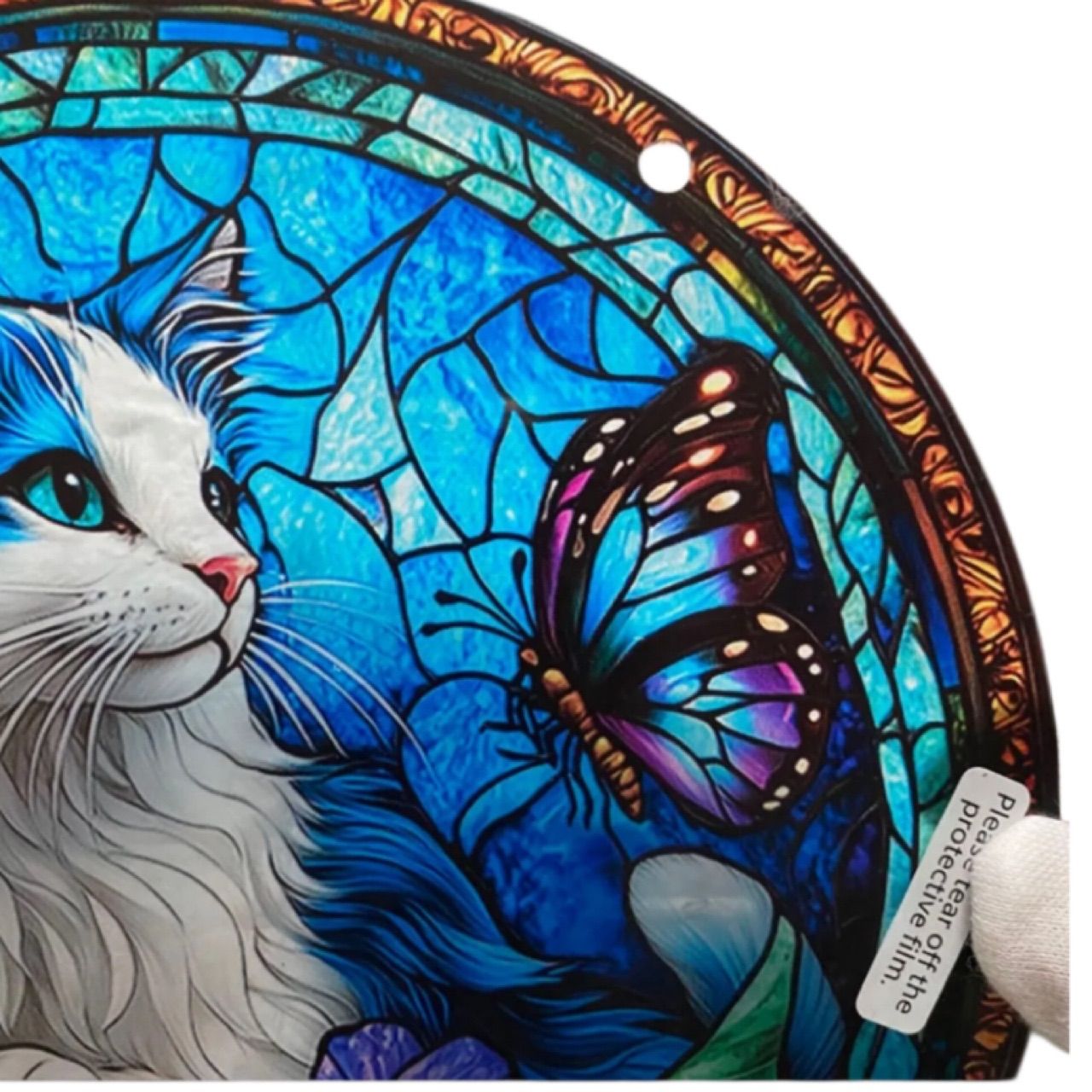蝶々を見つめる可愛い子猫 ヴィンテージ ステンドグラス お花畑 絵画 美術館 ステンドグラス風ブルーキャット×蝶🦋 幻想的にきらめく20×20cm