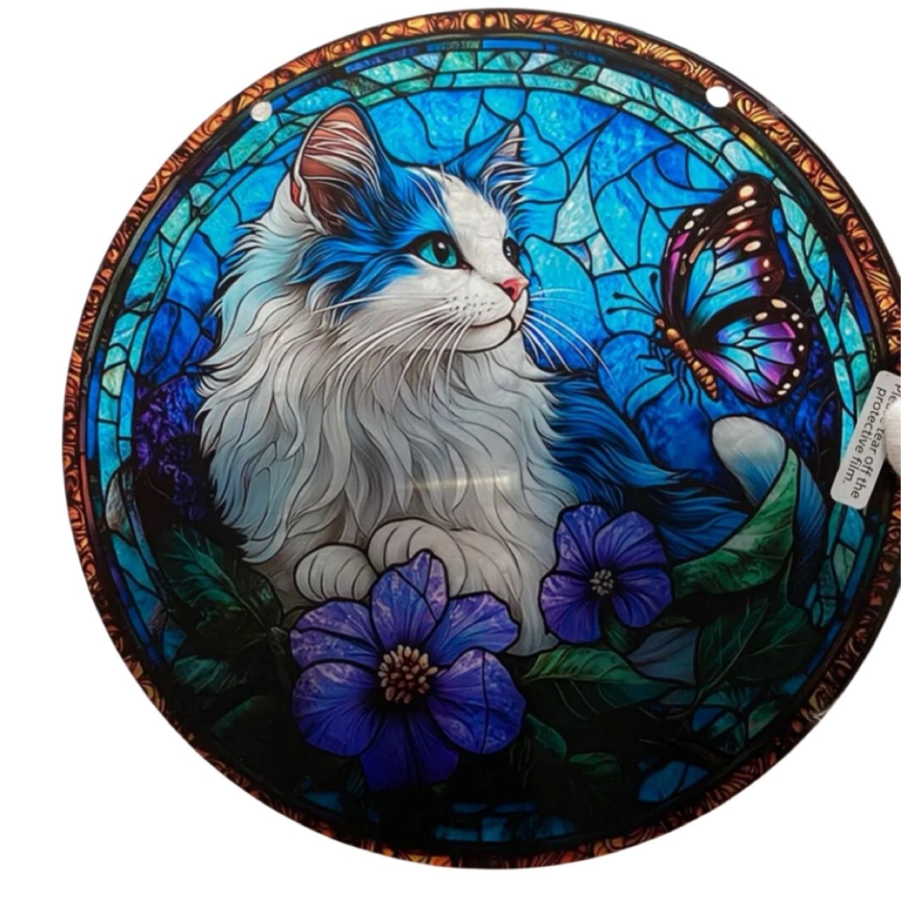 ステンドグラス風ブルーキャット×蝶🦋 幻想的にきらめく20×20cm