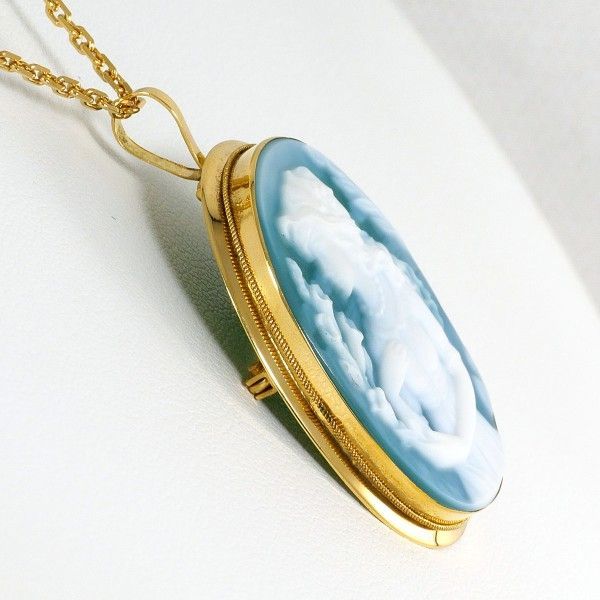 K 18 YG ネックレス necklace ブローチ brooch ストーンカメオ カード鑑別書 総重量約9.9 g 約40 cm