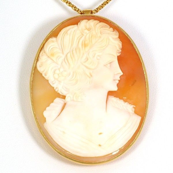 K18YG ネックレス necklace ブローチ brooch シェルカメオ カード鑑別書 総重量約23.7g 約50cm