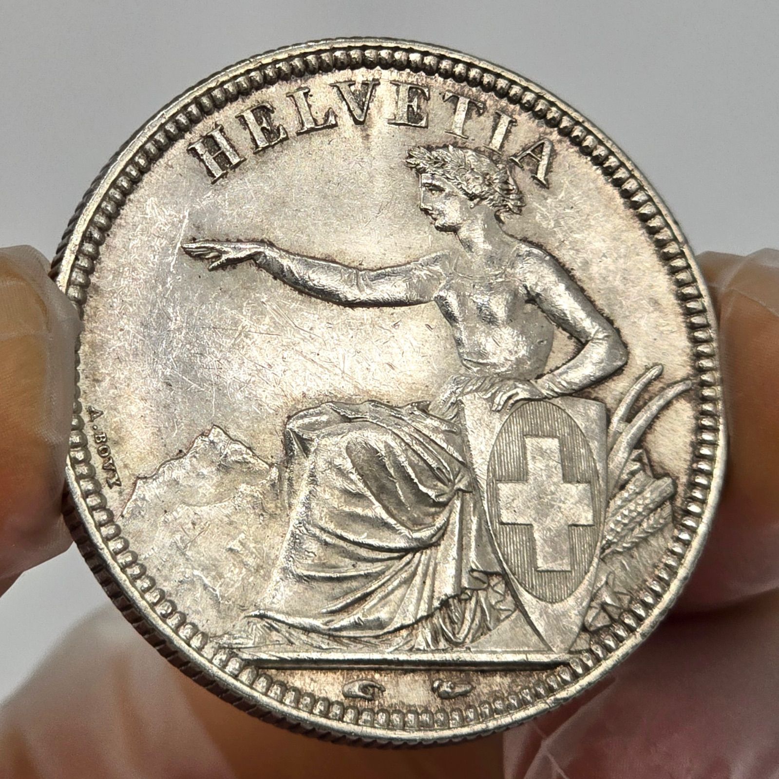 スイス連邦 1851 5フラン銀貨 ヘルヴェティア坐像 銀品位900 直径37.4