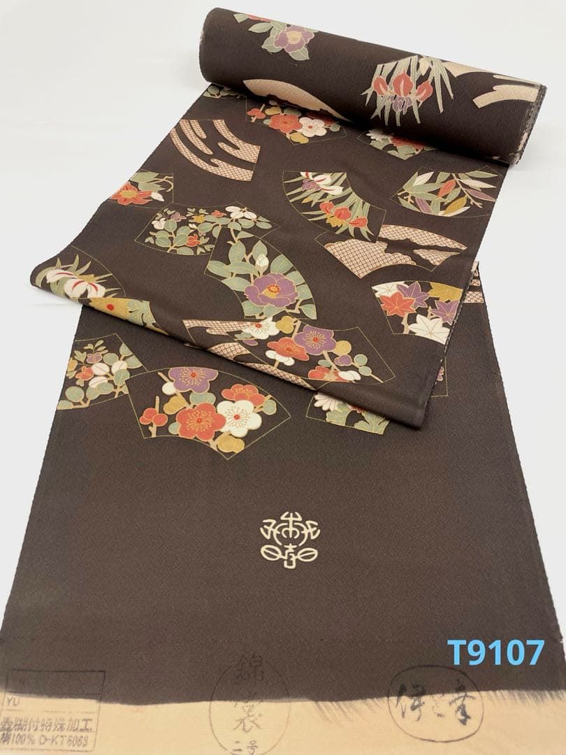 小紋 金彩 扇面に四季の花 伊と幸 正絹 反物 T 9107