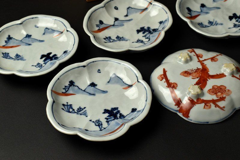 蔵C 8020 b 平安加藤雲泉 赤絵山水梅型 平向付 小皿 五客 共箱