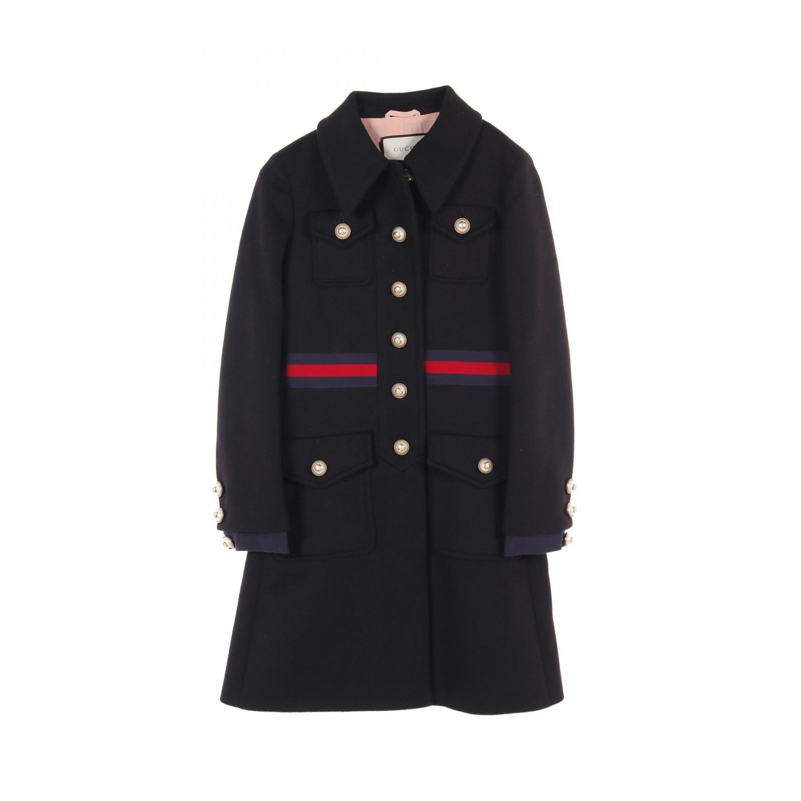 グッチ GUCCI グログランウェブ ボウタイ付き パールボタン 448610 ウール コート レディース Used A