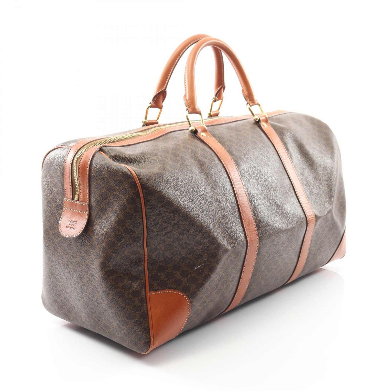 セリーヌ CELINE ボストンバッグ マカダム ブラウン PVCコーティングキャンバス レザー マカダム ボストンバッグ レディース Used B