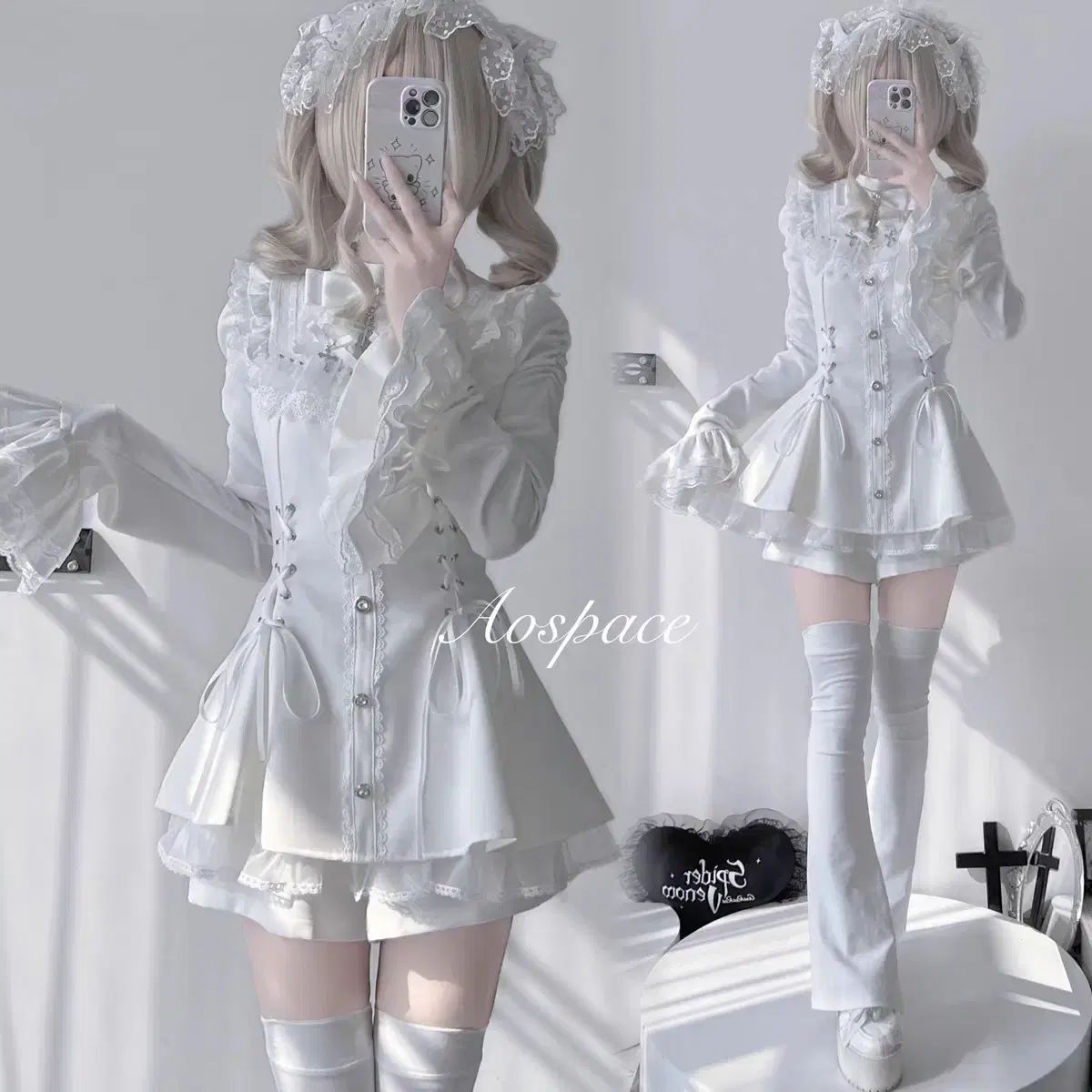 量産型 レース フード フ 袖 フィット ONE PIECE セット 長袖 ONE PIECE 3 COLOR