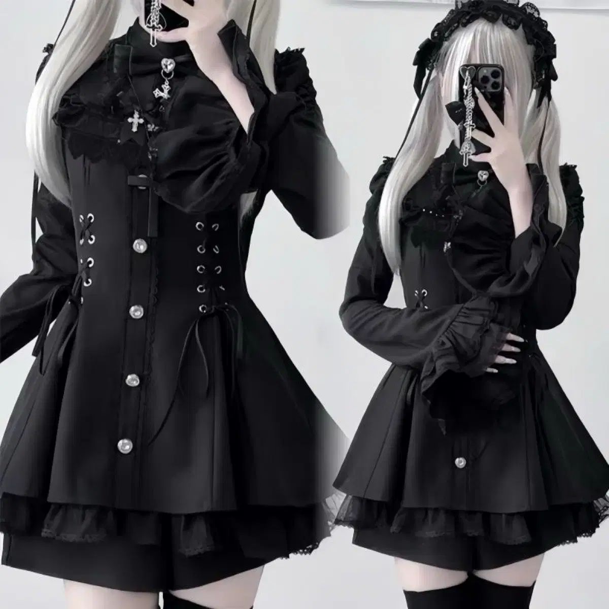  量産型 レース フード フ 袖 フィット ONE PIECE セット 長袖 3 COLOR 長袖 七分袖 ミニワンピース