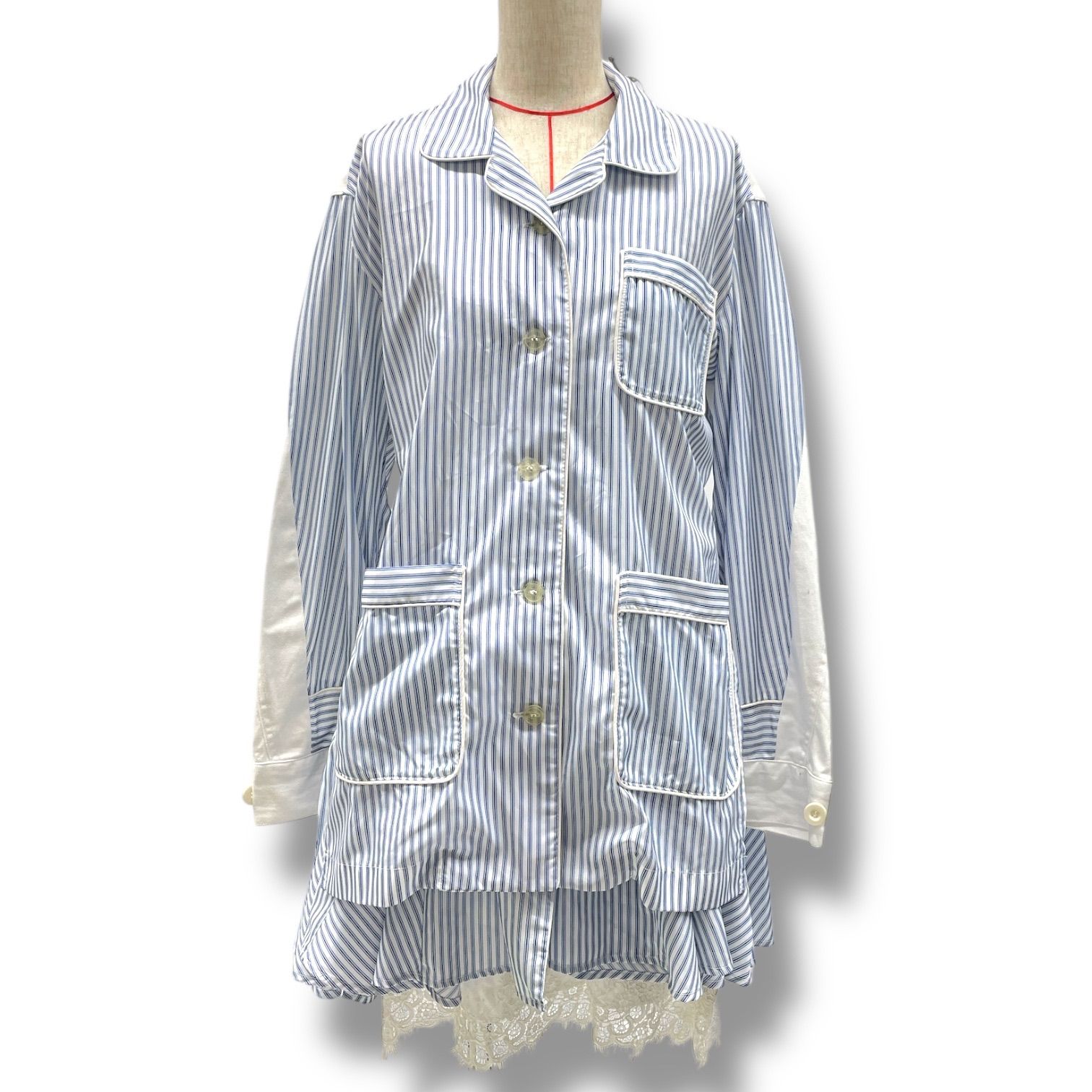 sacai サカイ ドッキング シャツワンピース ペチコート付き ミニワンピース レース フリル フ 韓国 17-03105 青 ブルー 白 ホワイト 1サイズ レディース 春 夏 ゴーゴー古着久喜倉庫店 No.1404