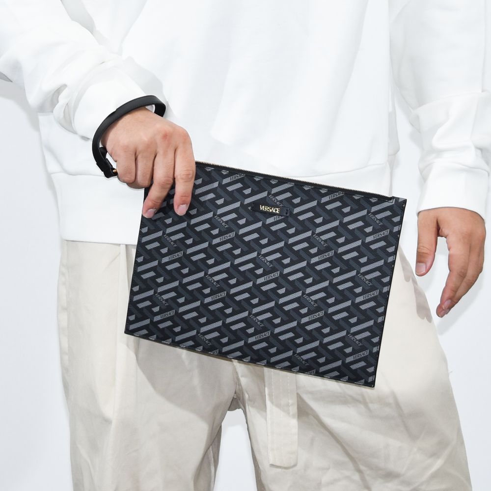 ヴェルサーチ クラッチバッグ グレカ モノグラム ブラック VERSACE ベルサーチ 1010525レザー