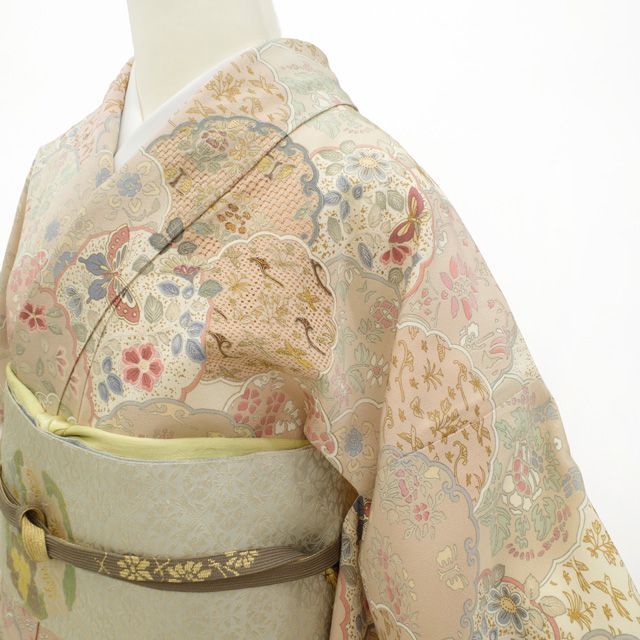 訪問着　フルセット　着物　正絹　汕頭刺繍　淡いベージュ　花　祝い事　繊細　O10 訪問着 フルセット 着物 正絹 汕頭刺繍 淡いベージュ 花 祝い事 繊細