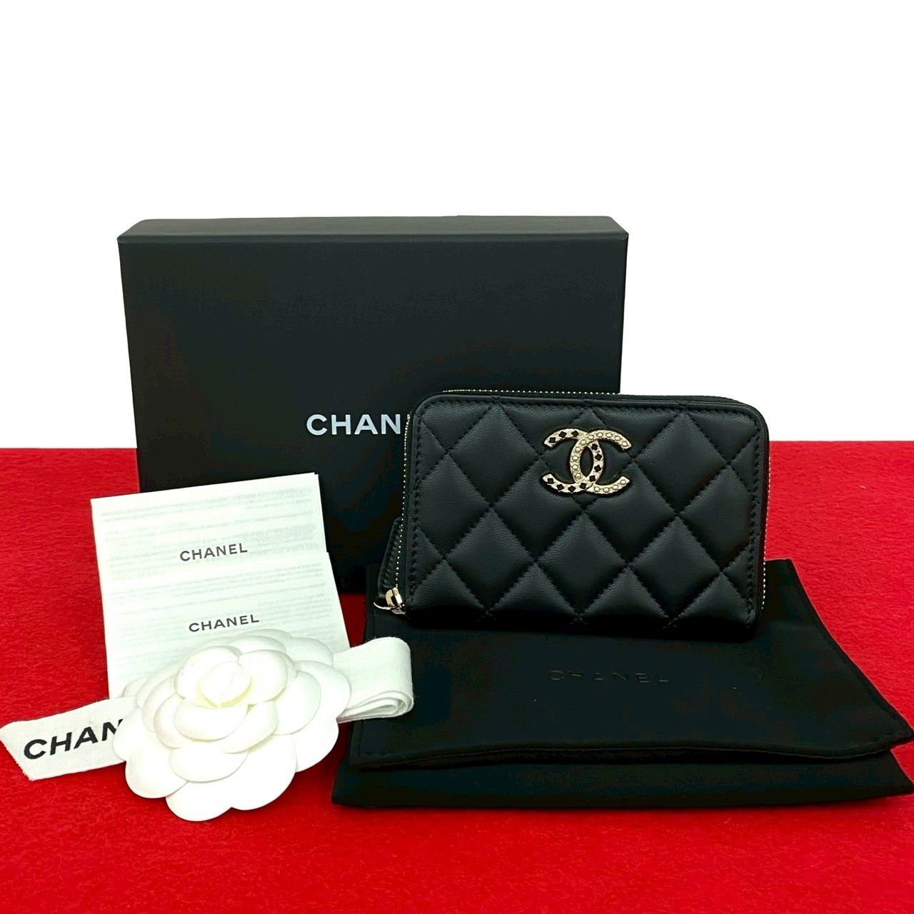 箱 袋付 シール有 CHANEL シャネル マトラッセ ココマーク ラインストーン ラムスキン コインケース 財布 ブラック 21588