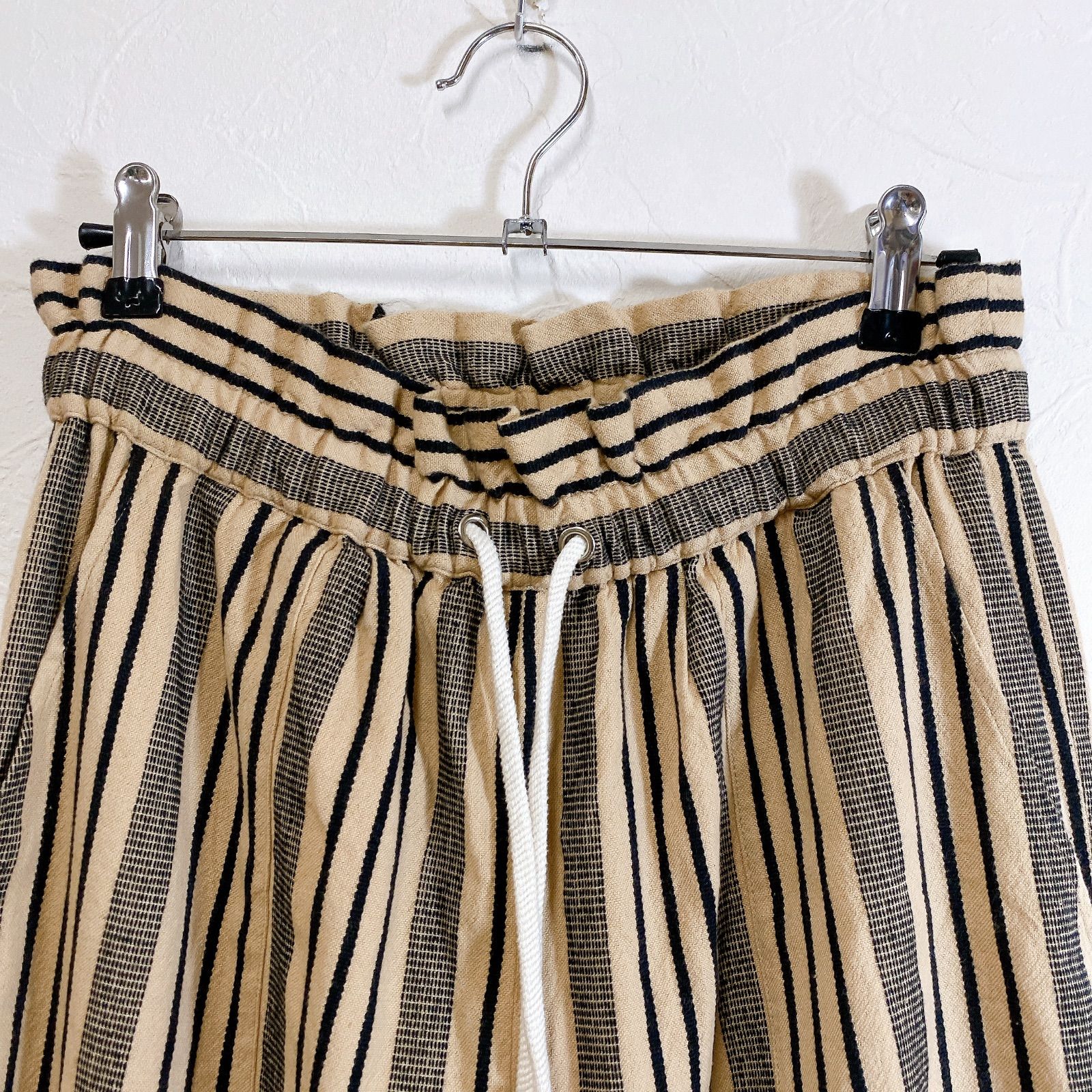 sara mallika ストライプイージーパンツ ウエストゴム イージーパンツ カジュアル ストライプ ベージュ レディース S